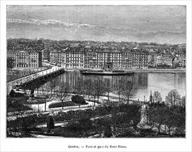Suisse. Vue de Genève. Pont et quai du Mont-Blanc.