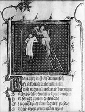 Pendaison de Crésus, roi de Lydie. Manuscrit du Roman de la Rose. Bibl. Ste Geneviève.