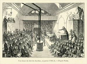 Révolution. Une séance au club des Jacobins, en janvier 1792. Gravure 19e.