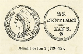 Révolution. Monnaie de l'an 3 (1794-1795). Gravure 19e.
