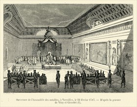 Révolution. Ouverture de l'Assemblée des notables, à Versailles, le 22 février 1787. Gravure 19e.