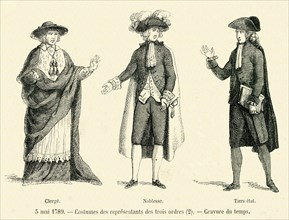 5 mai 1789. Costumes des représentants des trois ordres. Clergé, Noblesse et Tiers état. Gravure