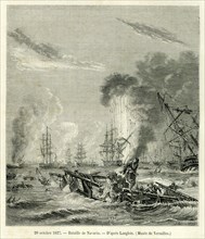 20 octobre 1827. Bataille de Navarin, d'après Langlois. La flotte turco-égyptienne est détruite par