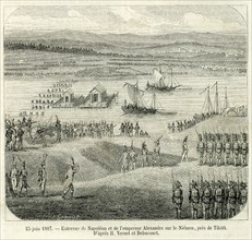 Encounter between Napoleon and the Emperor Alexander on the Neman River, near the town of Tilsit.