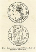 Révolution. 1793. Ecu de six francs en argent à l'effigie de Louis XVI, frappé après la mort du roi
