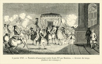 5 janvier 1757. Tentative d'assassinat contre Louis XV par Damiens. Gravure 19e.