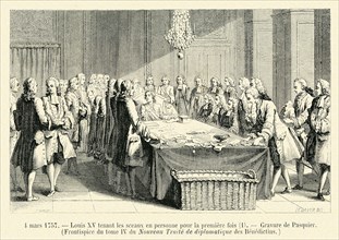 4 mars 1757. Louis XV tenant les sceaux en personne pour la première fois. Frontispice du tom IV de