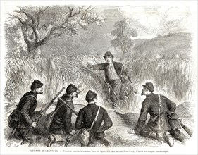 Guerre d'Amérique. Déserteur confédéré tombant dans les lignes fédérales devant Pétersburg (1864).