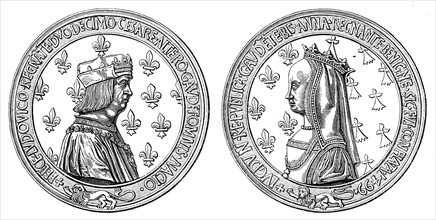 Médaille, en argent, de Louis XI et d'Anne de Bretagne. Gravure 19e.