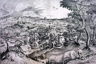 Plaustrum Belgicum. Paysage de Belgique. Gravure de  Bruegel.