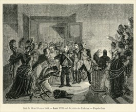 Nuit du 18 au 19 mars 1815. Louis XVIII sort du palais des Tuileries. D'après Gros.