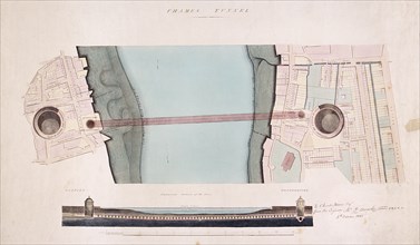 Plan and longitudinal section of the Thames Tunnel, London, 1842. Artist: Anon