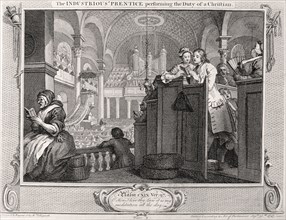 'The industrious 'prentice performing the duty of a christian', from Industry and Idleness 1747. Artist: William Hogarth