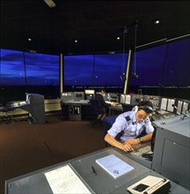 An view of the interior of the Air Traffic Control tower at RAF Leeming, North Yorkshire, 1990