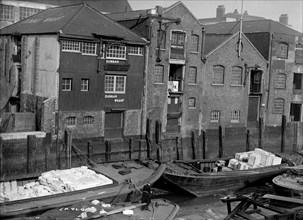 Riverside view of Dunbar Wharf, Narrow Street, London, c1945-c1965