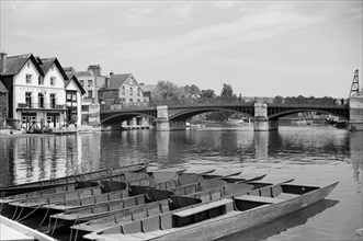 View along the River Thames at Windsor, looking towards Windsor Bridge, Berkshire, c1945-c1965