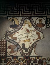 Detail of the mosaic floor in the audience chamber, Lullingstone Roman Villa, Eynsford, Kent, 1991