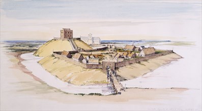 York Castle as it might have looked soon after construction, with the Minster beyond, 1985