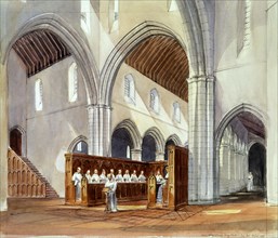 Reconstruction drawing of monks within the monastery of Rievaulx Abbey, North Yorkshire, 1990