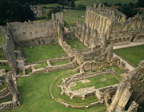 A birds-eye view of buildings around the cloister at Rievaulx Abbey, North Yorkshire, 1994