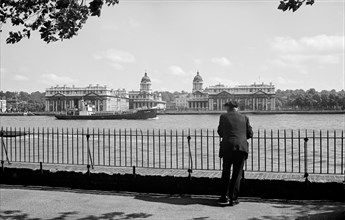 Elderly man by the River Thames, London, c1945-c1965