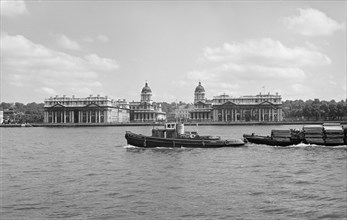 Royal Naval College, Greenwich, and tug boat on the River Thames, c1945-c1965