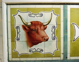 Tiles from A Scarratt, Butcher's, 47 High Street, Ilfracombe, Devon, July 2000