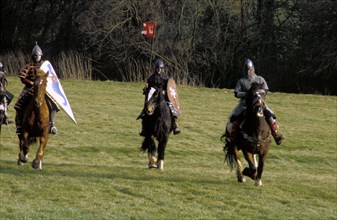 Knights on horseback, during a battle re-enactment
