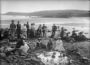 A picnic on the beach, Kennack Sands, Cornwall, c1896-c1920