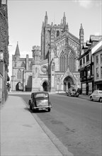 The west front of Hereford Cathedral seen from King Street, Herefordshire, c1945-c1965.    Artist