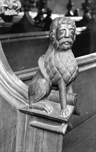Late medieval bench end in St Mary's Church, Woolpit, Suffolk, c1965-c1969.   Artist