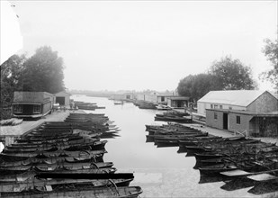 Boats moored at Medley, Oxford, Oxfordshire; seen from the bridge, c1860-c1922