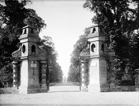 Ornately carved piers of the Hensington gate, Blenheim Palace, Woodstock, Oxfordshire, c1860-c1922