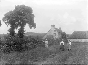 Three women walk through the countryside near Brasenose Farm, Oxford, Oxfordshire, c1860-c1922