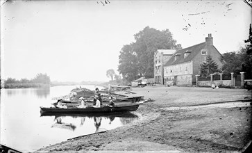 Boats moored on the River Thames near the Anglers Hotel at Walton-on-Thames, Surrey, c1860-c1922