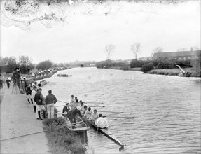 Boat crews waiting in their boats before a race during Eights Week, Oxfordshire, c1860-c1922