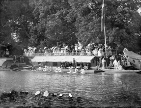 Rowing crew preparing for a boat race, watched by spectators, Oxford, Oxfordshire, c1860-c1922