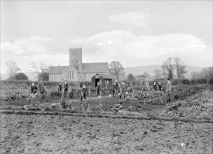 Schoolboys working in the school garden supervised by a teacher, Uffington, Oxfordshire, 1916