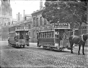 Two horse-drawn trams, High Street, Oxford, Oxfordshire, c1905