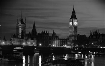 The Palace of Westminster at night, London, 1945-1980