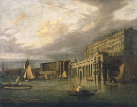 'Somerset House and the Adelphi from the River', c1825. Artist: John Paul