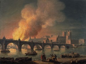 'Westminster Bridge and the Burning of the Houses of Parliament from Lambeth', 1835. Artist: Thomas Luny