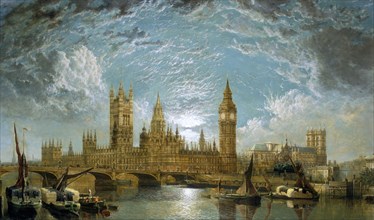 'Westminster Bridge, the Houses of Parliament and Westminster Abbey seen from the River', 1872. Artist: John Anderson
