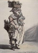 A London green vegetable seller carrying a child, 1759. Artist: Paul Sandby