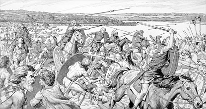 Caesar's army on a battle across the Thames, 54 BC. Artist: Derek Lucas