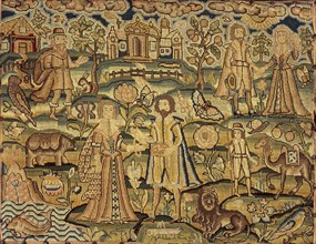 Embroidery panel showing people, flowers, insects, fish and animals, 17th century. Artist: Unknown