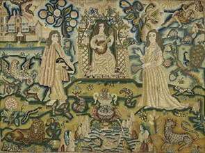 An embroidered panel with a woman playing a guitar, 17th century. Artist: Unknown