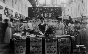 The catalogue and enquiries stall at the Women's exhibition, May 1909. Artist: Unknown