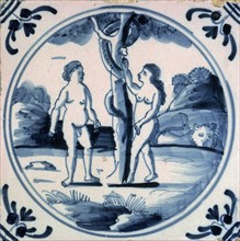 Tin glazed tile of Adam and Eve. Artist: Unknown