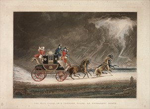 The mail coach in a thunderstorm on Newmarket Heath, Suffolk, 1827.  Artist: G Reeves